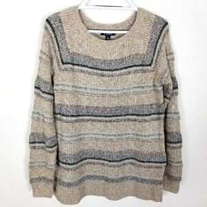 Chaps Women Holiday Striped Pullover sweater size M Oatmeal Crew Neck Cotton